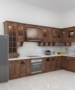Tủ bếp gỗ óc chó bán cổ điển màu tự nhiên thi công Long Khánh (Sao chép)