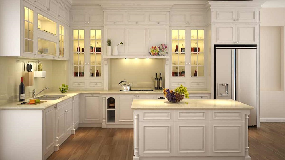 Tủ bếp Sồi trắng cổ điển sơn PU màu kem - Sàn gỗ Kiên Linh