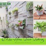 phối cảnh tường treo chậu cây đẹp bằng đá ong xám