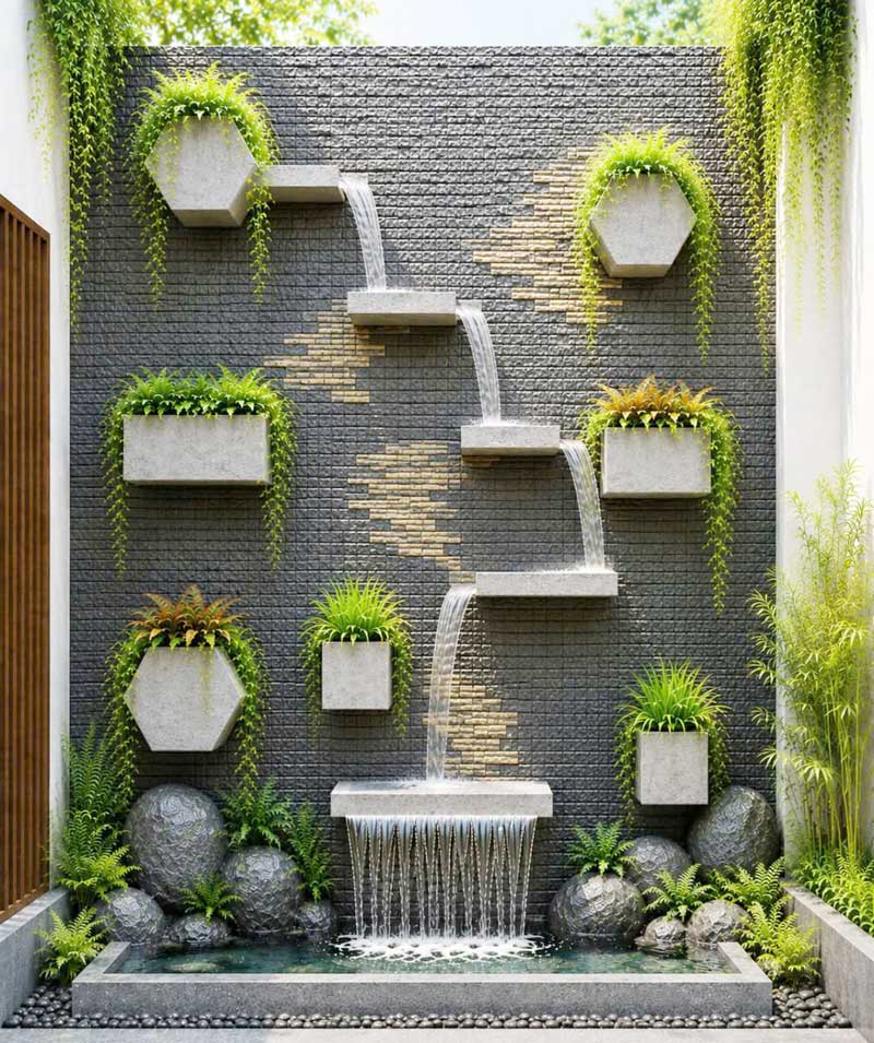 chậu cây kết hợp thác nước treo tường đẹp