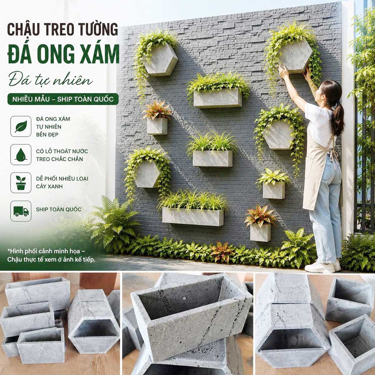 chậu đá ong xám treo tường ngoài trời trồng cây cảnh đẹp