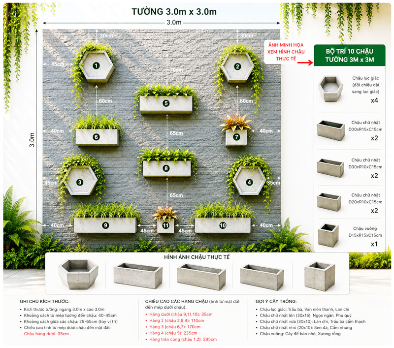 bố trí chậu cây trên tường đẹp
