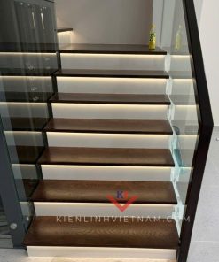 bậc cầu thang gỗ gắn led