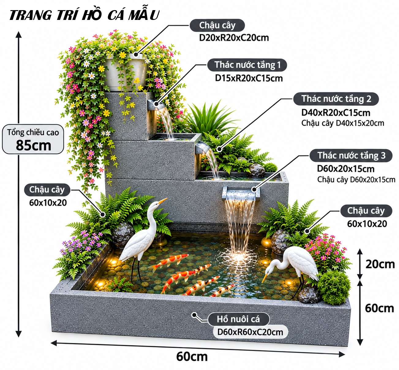 Bể Cá Đá Ong Xám 3 Tầng Thác Nước Chảy – Mẫu Tiểu Cảnh Đẹp Cho Ban Công, Sân Vườn - Ảnh 4